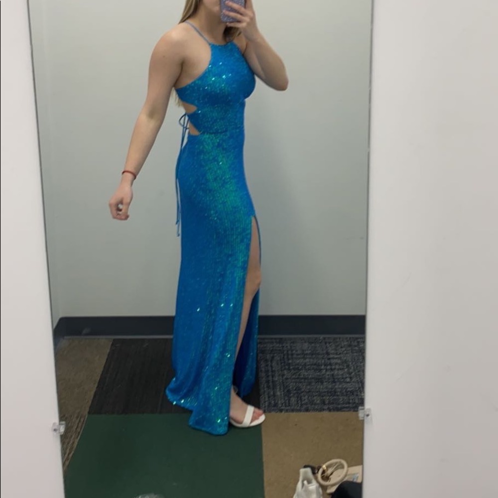 teal high neck prom dress